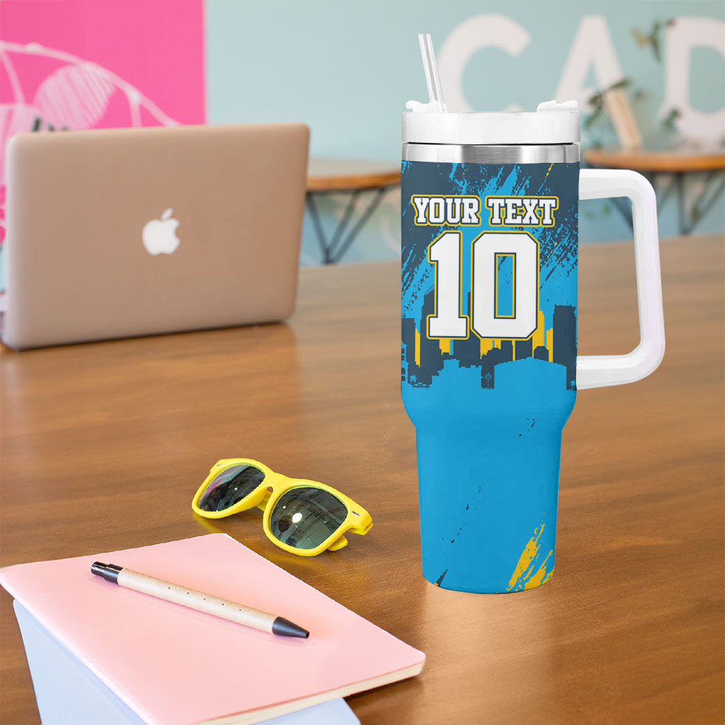 Personalised Gold Coast Titans Rugby Tumbler With Handle Muscular Titan Mascot City Skyline Graphic