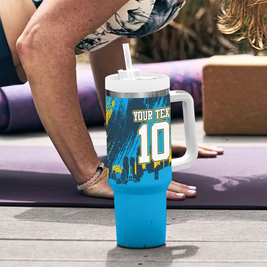Personalised Gold Coast Titans Rugby Tumbler With Handle Muscular Titan Mascot City Skyline Graphic