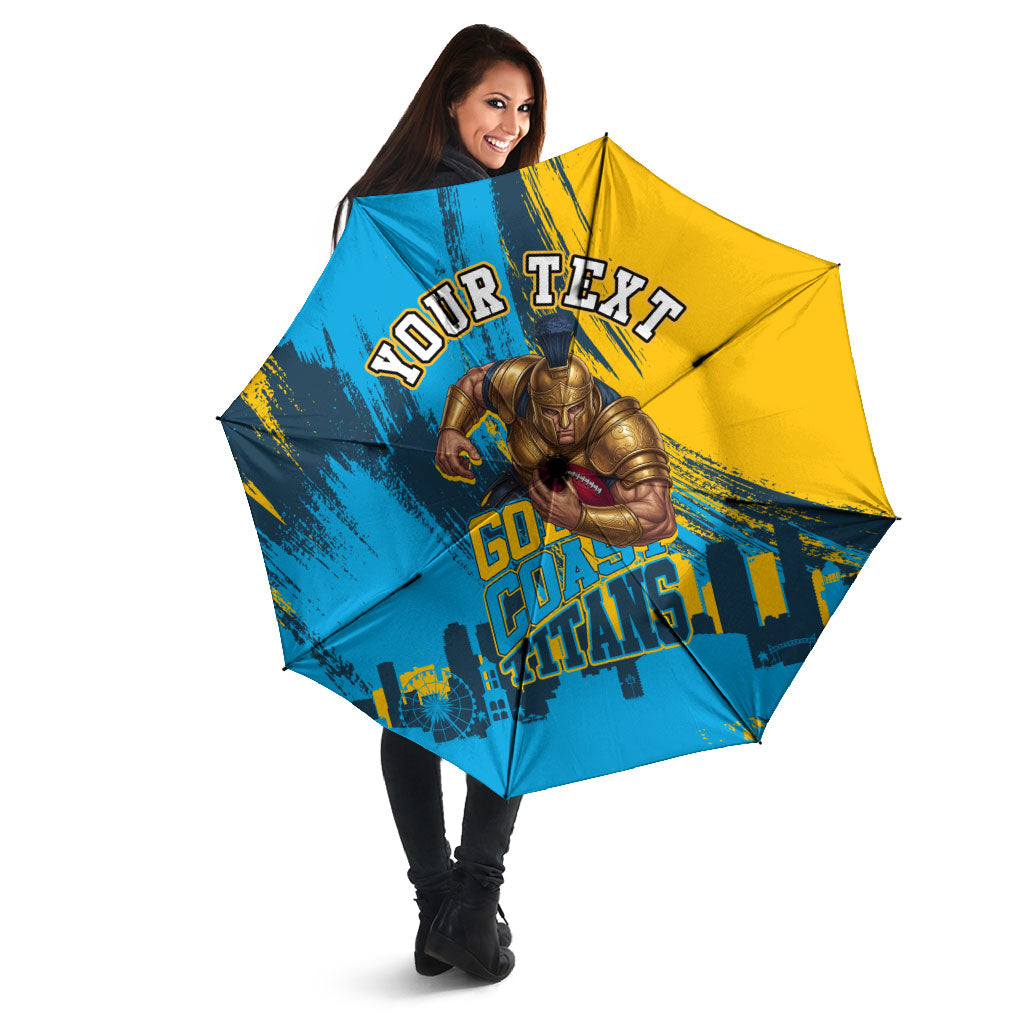 Personalised Gold Coast Titans Rugby Umbrella Muscular Titan Mascot City Skyline Graphic