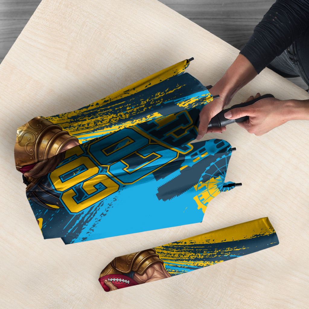 Personalised Gold Coast Titans Rugby Umbrella Muscular Titan Mascot City Skyline Graphic