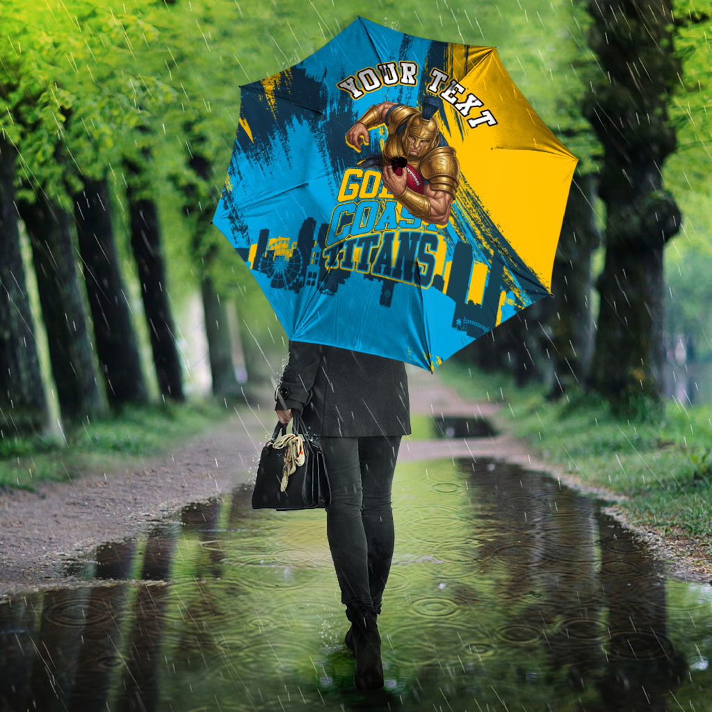 Personalised Gold Coast Titans Rugby Umbrella Muscular Titan Mascot City Skyline Graphic