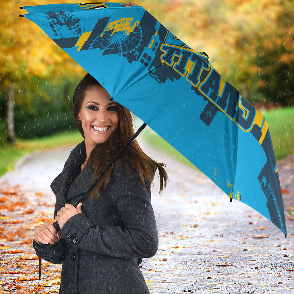 Personalised Gold Coast Titans Rugby Umbrella Muscular Titan Mascot City Skyline Graphic