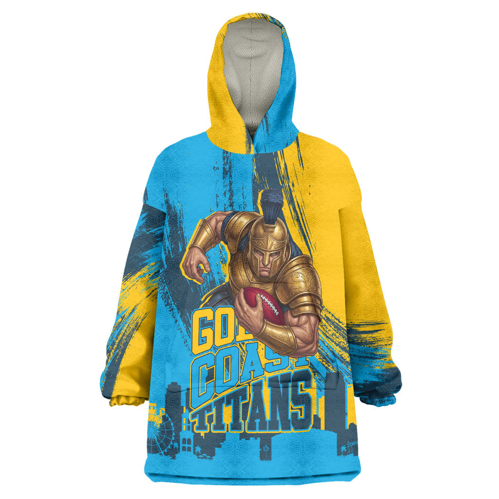Personalised Gold Coast Titans Rugby Wearable Blanket Hoodie Muscular Titan Mascot City Skyline Graphic