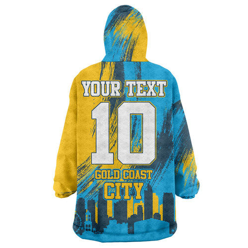 Personalised Gold Coast Titans Rugby Wearable Blanket Hoodie Muscular Titan Mascot City Skyline Graphic
