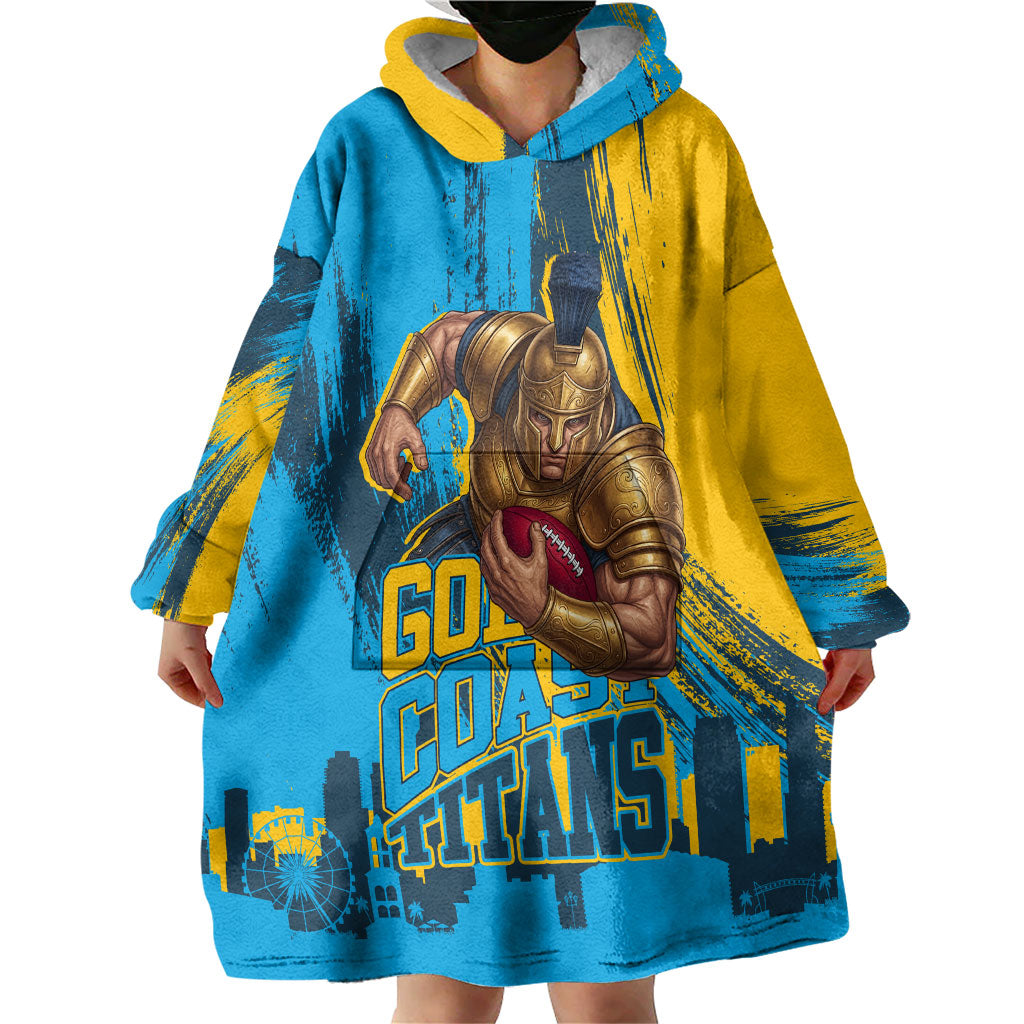 Personalised Gold Coast Titans Rugby Wearable Blanket Hoodie Muscular Titan Mascot City Skyline Graphic