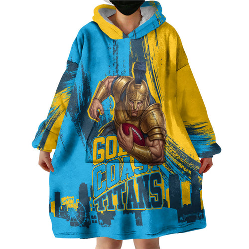 Personalised Gold Coast Titans Rugby Wearable Blanket Hoodie Muscular Titan Mascot City Skyline Graphic