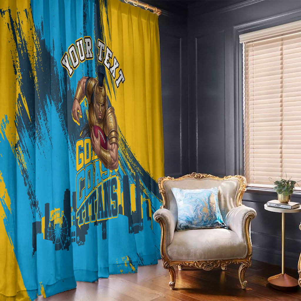 Personalised Gold Coast Titans Rugby Window Curtain Muscular Titan Mascot City Skyline Graphic