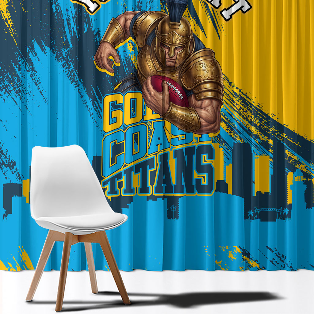 Personalised Gold Coast Titans Rugby Window Curtain Muscular Titan Mascot City Skyline Graphic