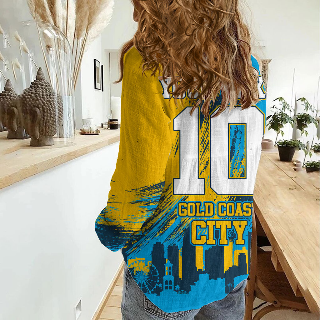 Personalised Gold Coast Titans Rugby Women Casual Shirt Muscular Titan Mascot City Skyline Graphic
