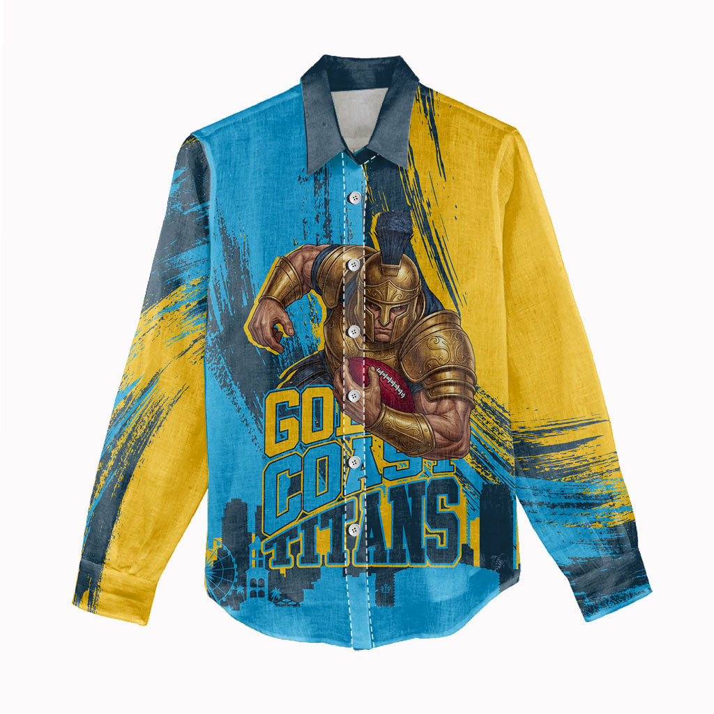 Personalised Gold Coast Titans Rugby Women Casual Shirt Muscular Titan Mascot City Skyline Graphic