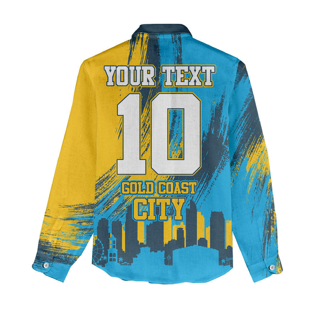 Personalised Gold Coast Titans Rugby Women Casual Shirt Muscular Titan Mascot City Skyline Graphic