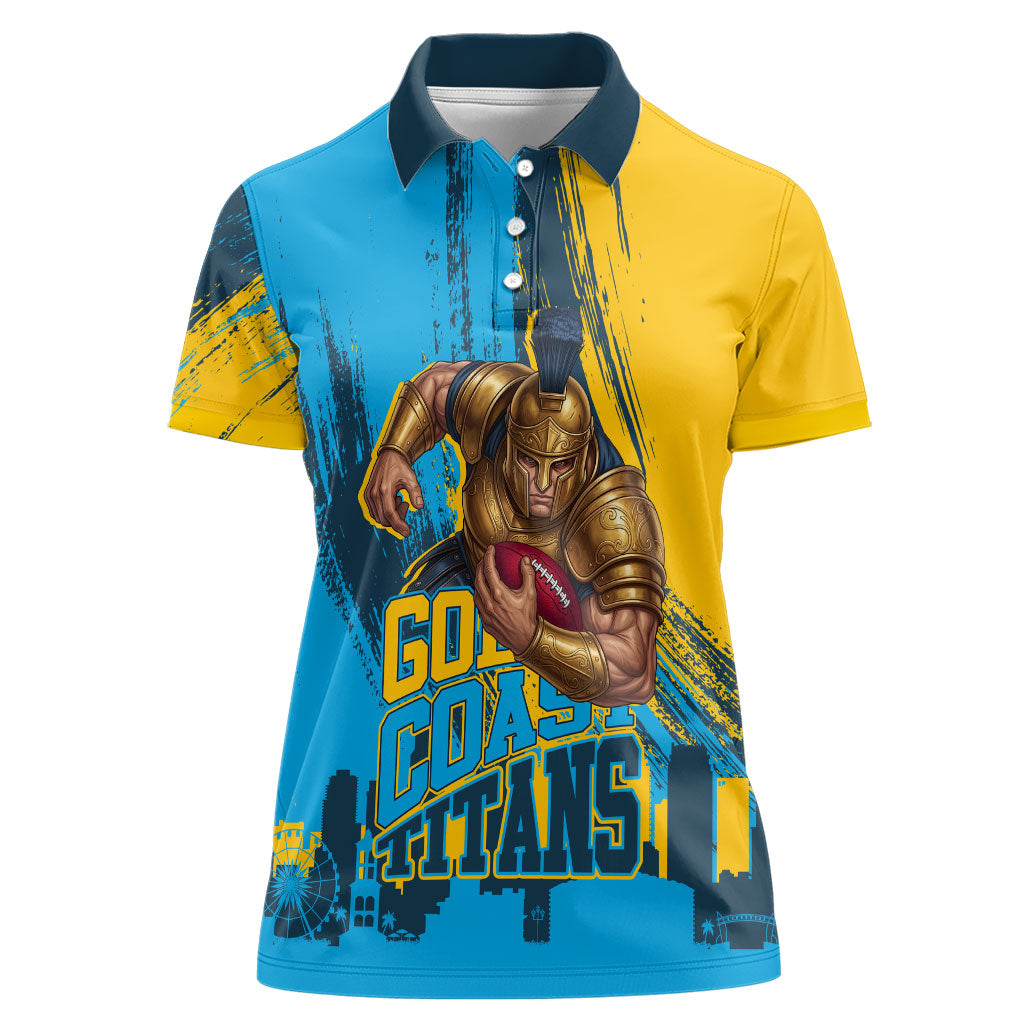 Personalised Gold Coast Titans Rugby Women Polo Shirt Muscular Titan Mascot City Skyline Graphic