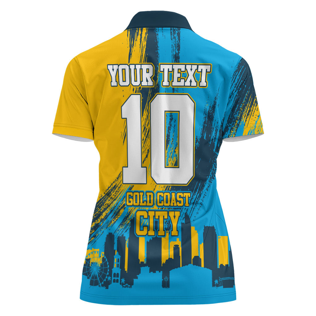 Personalised Gold Coast Titans Rugby Women Polo Shirt Muscular Titan Mascot City Skyline Graphic