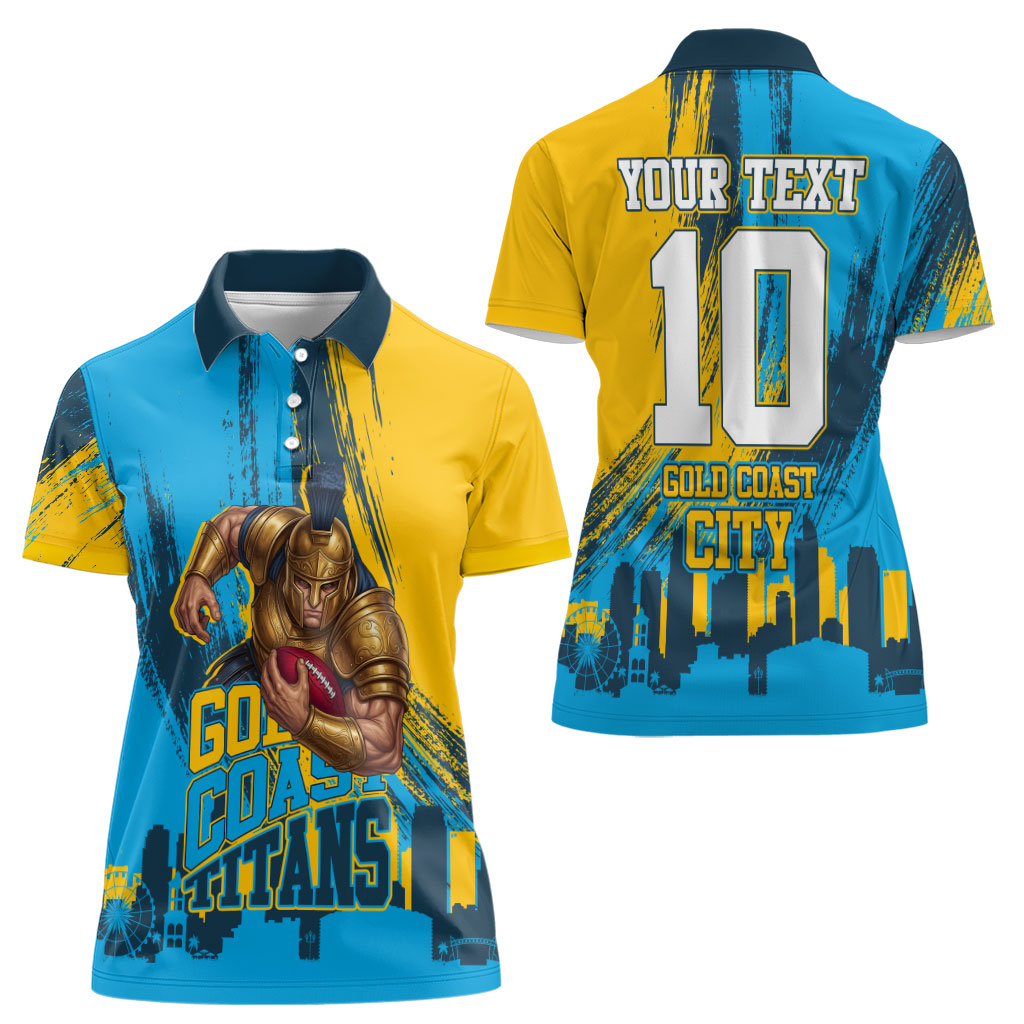 Personalised Gold Coast Titans Rugby Women Polo Shirt Muscular Titan Mascot City Skyline Graphic