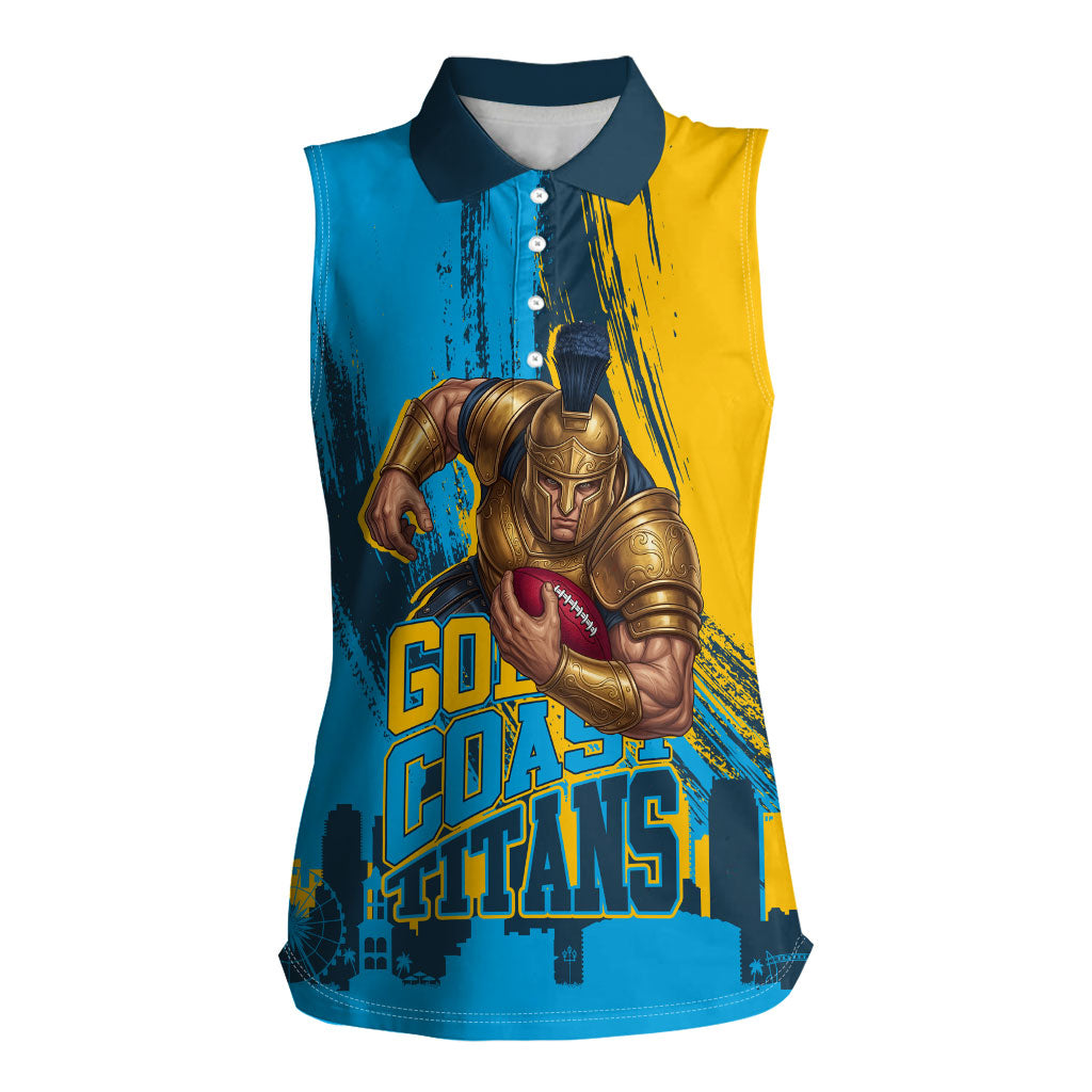 Personalised Gold Coast Titans Rugby Women Sleeveless Polo Shirt Muscular Titan Mascot City Skyline Graphic