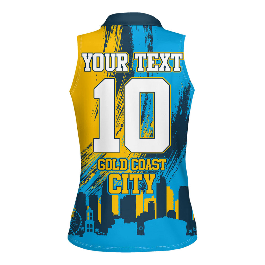 Personalised Gold Coast Titans Rugby Women Sleeveless Polo Shirt Muscular Titan Mascot City Skyline Graphic