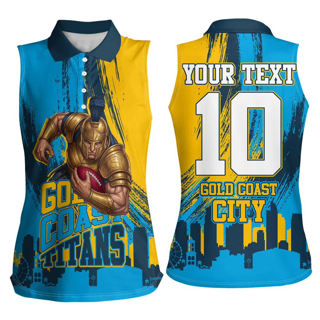 Personalised Gold Coast Titans Rugby Women Sleeveless Polo Shirt Muscular Titan Mascot City Skyline Graphic