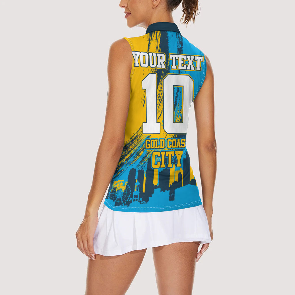 Personalised Gold Coast Titans Rugby Women Sleeveless Polo Shirt Muscular Titan Mascot City Skyline Graphic