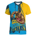 Personalised Gold Coast Titans Rugby Women V-Neck T-Shirt Muscular Titan Mascot City Skyline Graphic