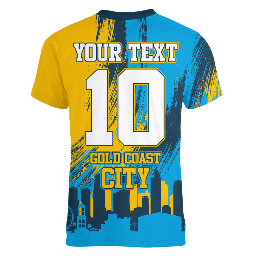Personalised Gold Coast Titans Rugby Women V-Neck T-Shirt Muscular Titan Mascot City Skyline Graphic