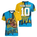 Personalised Gold Coast Titans Rugby Women V-Neck T-Shirt Muscular Titan Mascot City Skyline Graphic