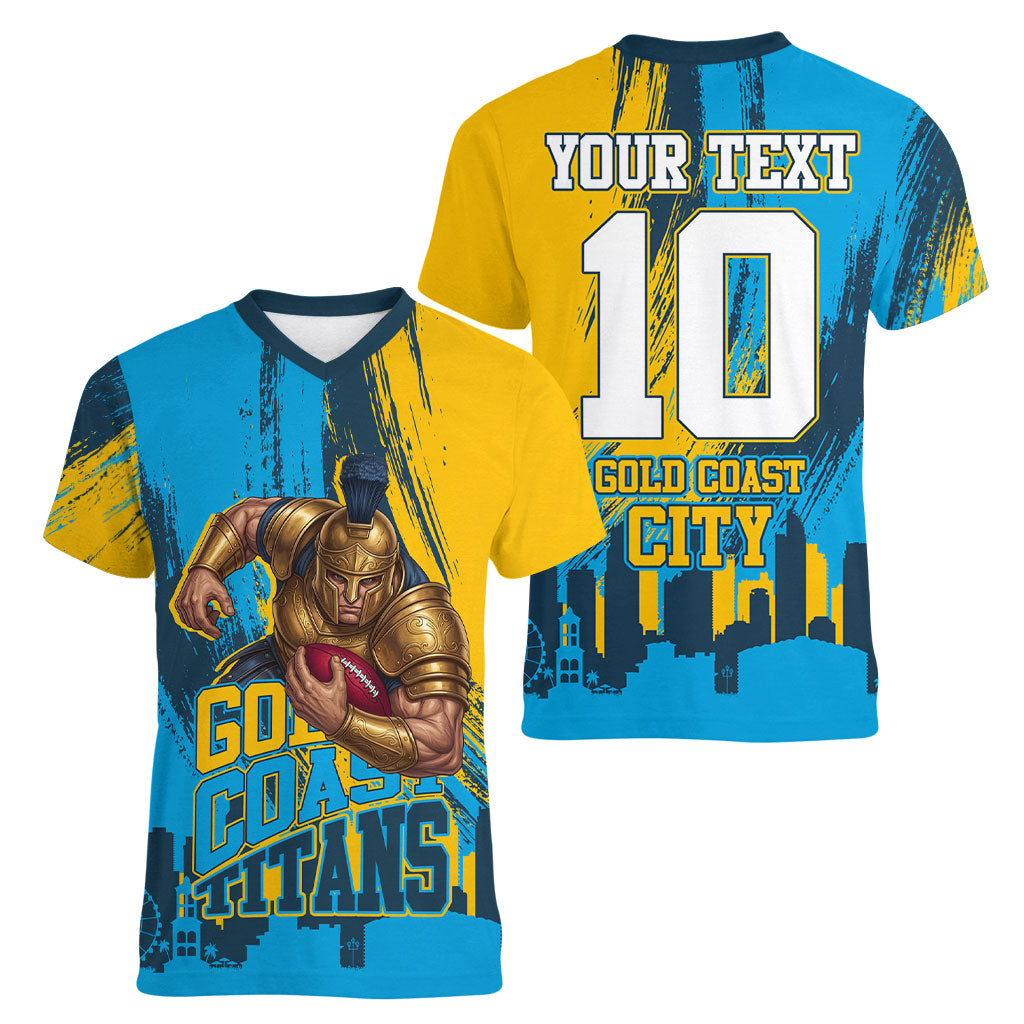 Personalised Gold Coast Titans Rugby Women V-Neck T-Shirt Muscular Titan Mascot City Skyline Graphic