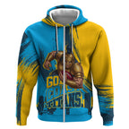 Personalised Gold Coast Titans Rugby Zip Hoodie Muscular Titan Mascot City Skyline Graphic