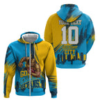 Personalised Gold Coast Titans Rugby Zip Hoodie Muscular Titan Mascot City Skyline Graphic