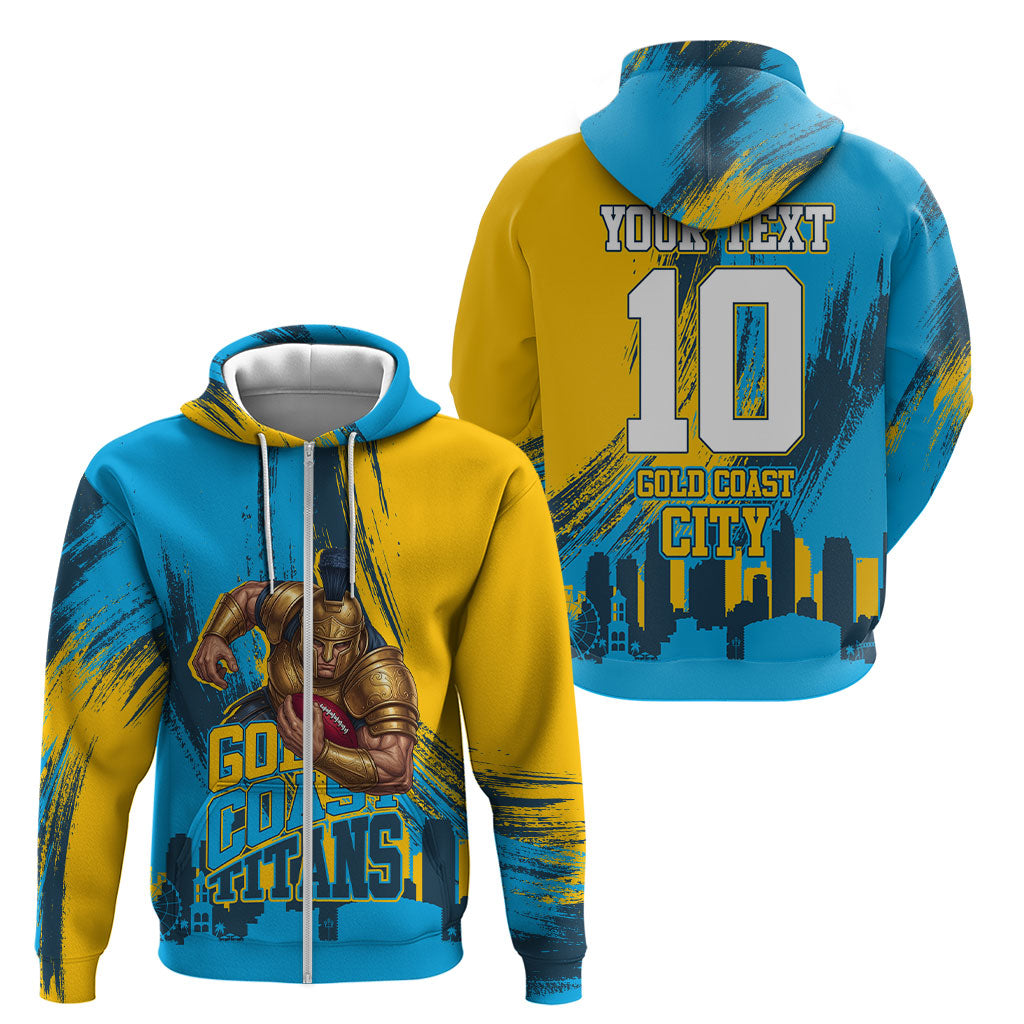 Personalised Gold Coast Titans Rugby Zip Hoodie Muscular Titan Mascot City Skyline Graphic