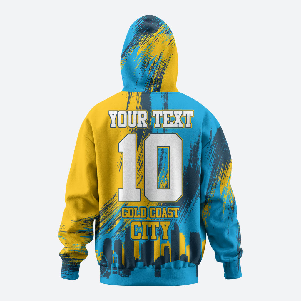 Personalised Gold Coast Titans Rugby Zip Hoodie Muscular Titan Mascot City Skyline Graphic