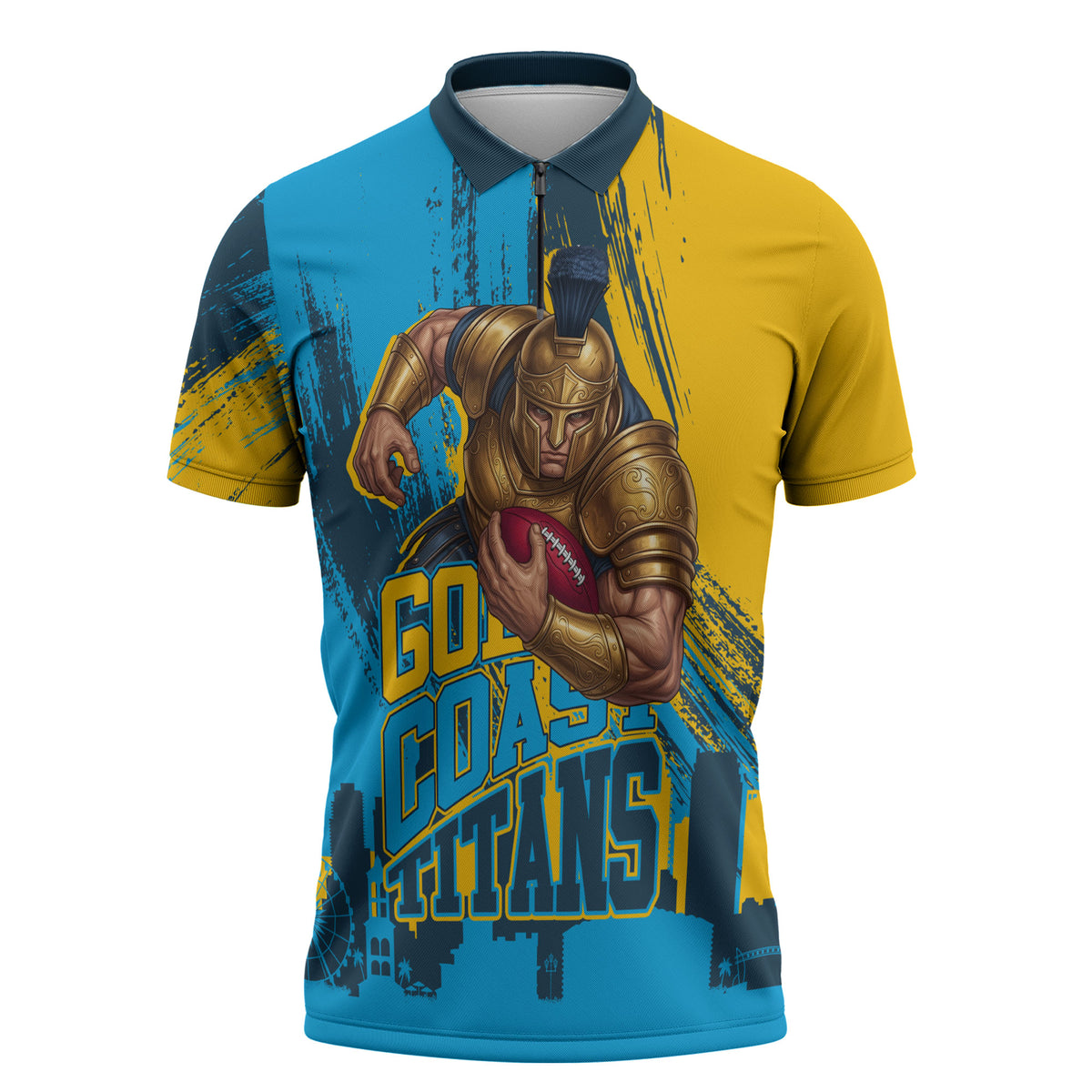Personalised Gold Coast Titans Rugby Zipper Polo Shirt Muscular Titan Mascot City Skyline Graphic