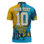 Personalised Gold Coast Titans Rugby Zipper Polo Shirt Muscular Titan Mascot City Skyline Graphic