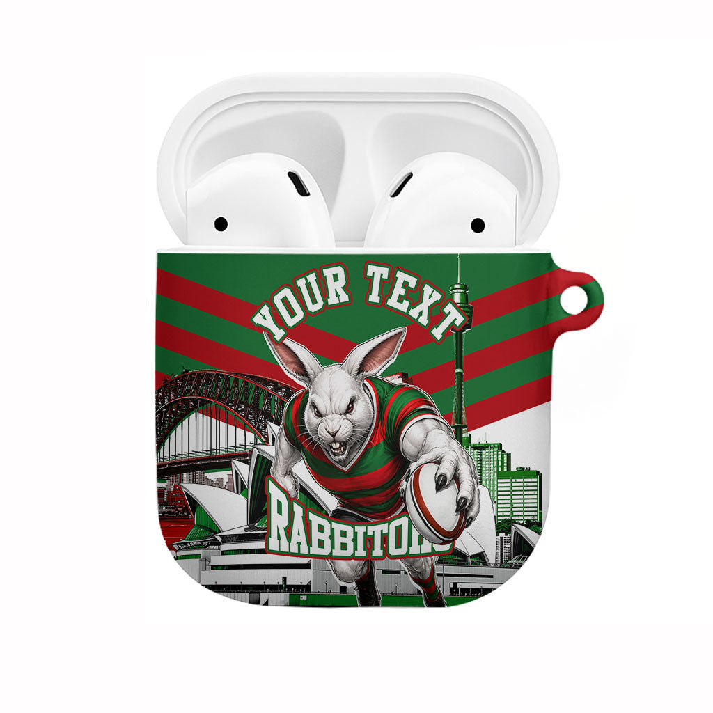 Personalized South Sydney Rabbitohs Rugby AirPods Case Fierce Mascot And Sydney Skyline Graphic Art