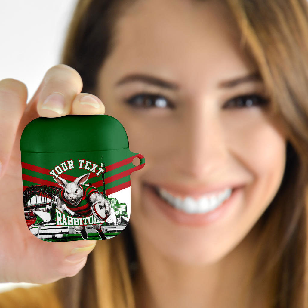 Personalized South Sydney Rabbitohs Rugby AirPods Case Fierce Mascot And Sydney Skyline Graphic Art