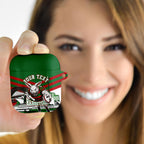 Personalized South Sydney Rabbitohs Rugby AirPods Case Fierce Mascot And Sydney Skyline Graphic Art