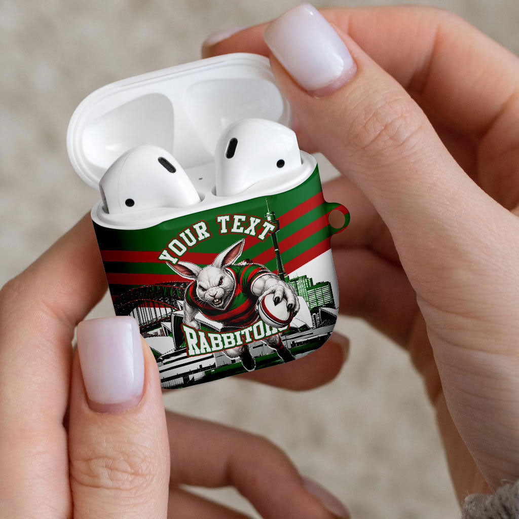 Personalized South Sydney Rabbitohs Rugby AirPods Case Fierce Mascot And Sydney Skyline Graphic Art