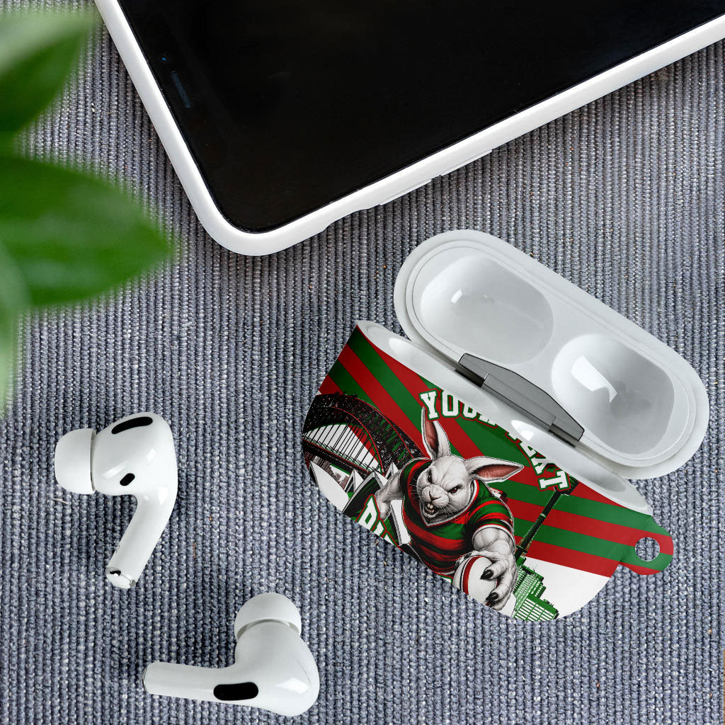 Personalized South Sydney Rabbitohs Rugby AirPods Case Fierce Mascot And Sydney Skyline Graphic Art