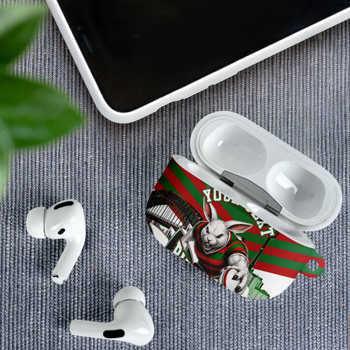 Personalized South Sydney Rabbitohs Rugby AirPods Case Fierce Mascot And Sydney Skyline Graphic Art