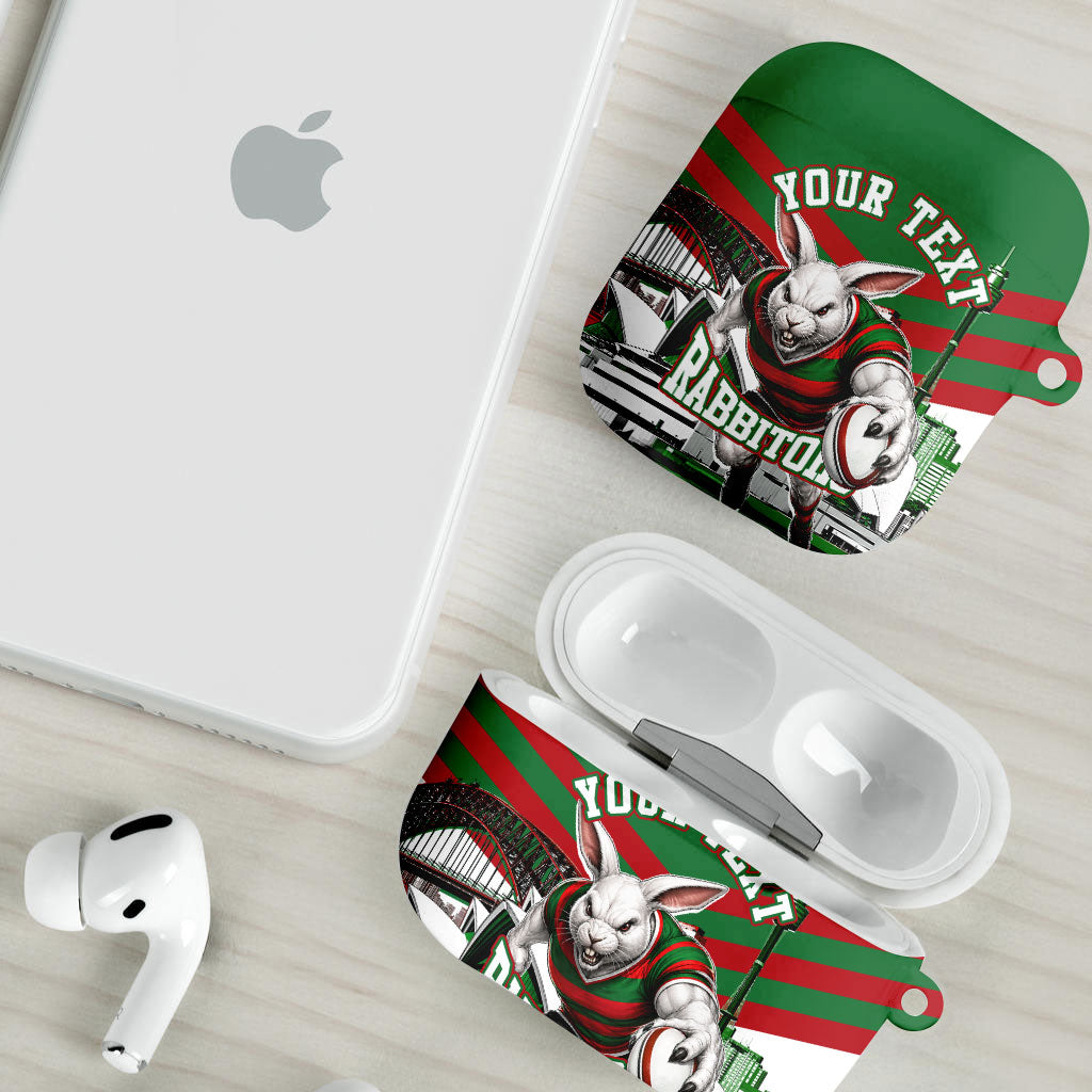 Personalized South Sydney Rabbitohs Rugby AirPods Case Fierce Mascot And Sydney Skyline Graphic Art