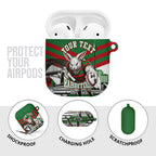 Personalized South Sydney Rabbitohs Rugby AirPods Case Fierce Mascot And Sydney Skyline Graphic Art