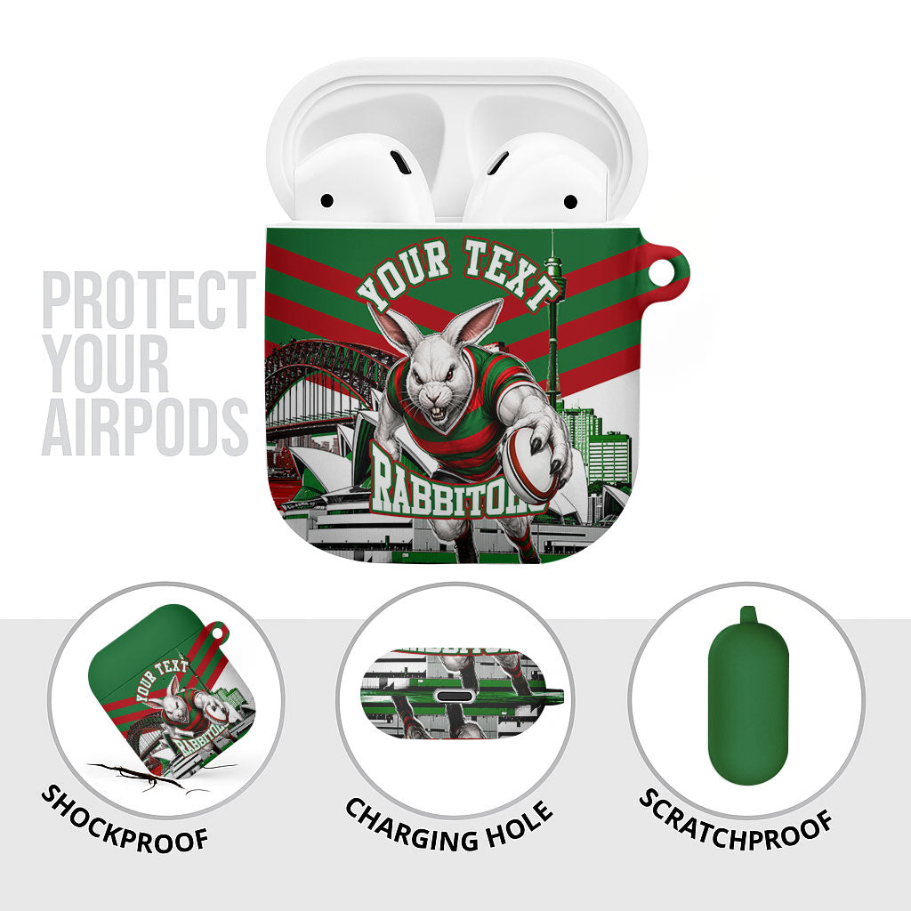 Personalized South Sydney Rabbitohs Rugby AirPods Case Fierce Mascot And Sydney Skyline Graphic Art