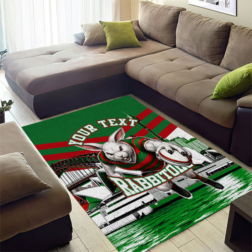 Personalized South Sydney Rabbitohs Rugby Area Rug Fierce Mascot And Sydney Skyline Graphic Art
