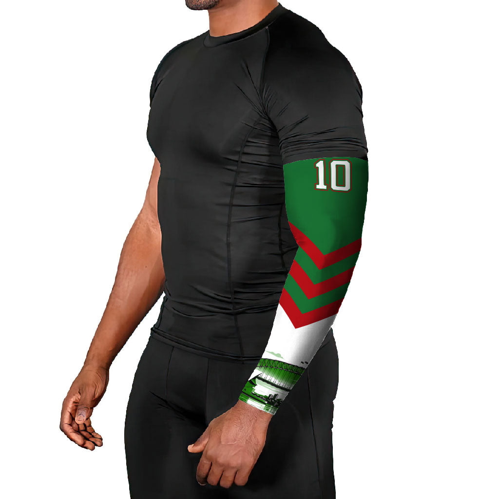 Personalized South Sydney Rabbitohs Rugby Arm Sleeves Fierce Mascot And Sydney Skyline Graphic Art