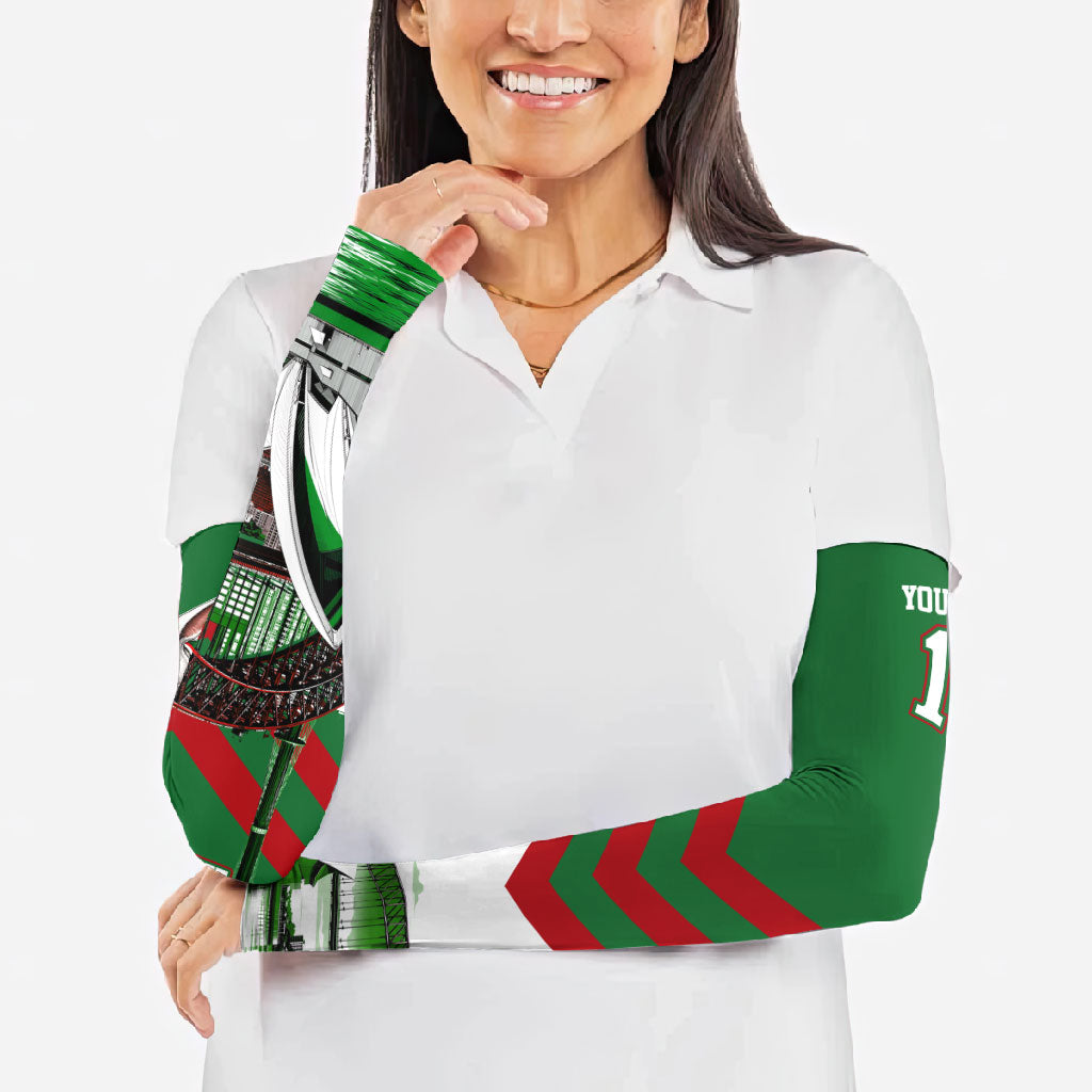 Personalized South Sydney Rabbitohs Rugby Arm Sleeves Fierce Mascot And Sydney Skyline Graphic Art