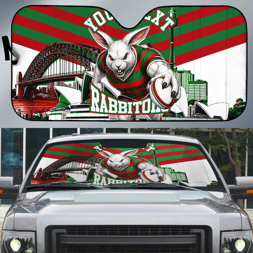 Personalized South Sydney Rabbitohs Rugby Auto Sun Shade Fierce Mascot And Sydney Skyline Graphic Art