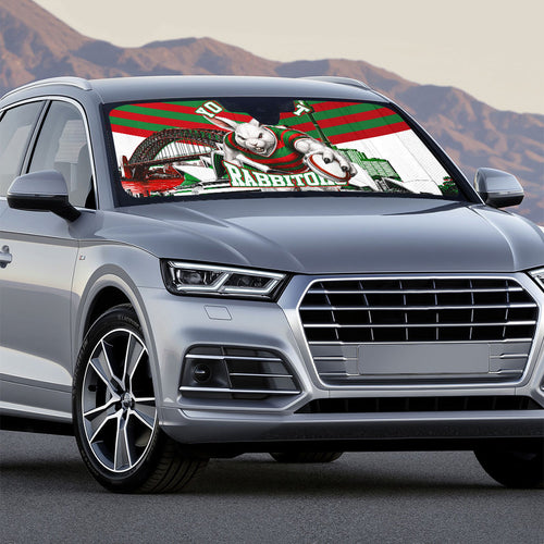 Personalized South Sydney Rabbitohs Rugby Auto Sun Shade Fierce Mascot And Sydney Skyline Graphic Art
