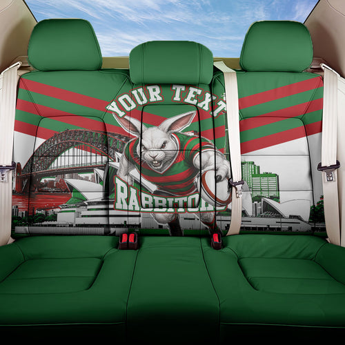 Personalized South Sydney Rabbitohs Rugby Back Car Seat Cover Fierce Mascot And Sydney Skyline Graphic Art