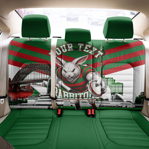 Personalized South Sydney Rabbitohs Rugby Back Car Seat Cover Fierce Mascot And Sydney Skyline Graphic Art
