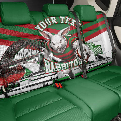 Personalized South Sydney Rabbitohs Rugby Back Car Seat Cover Fierce Mascot And Sydney Skyline Graphic Art