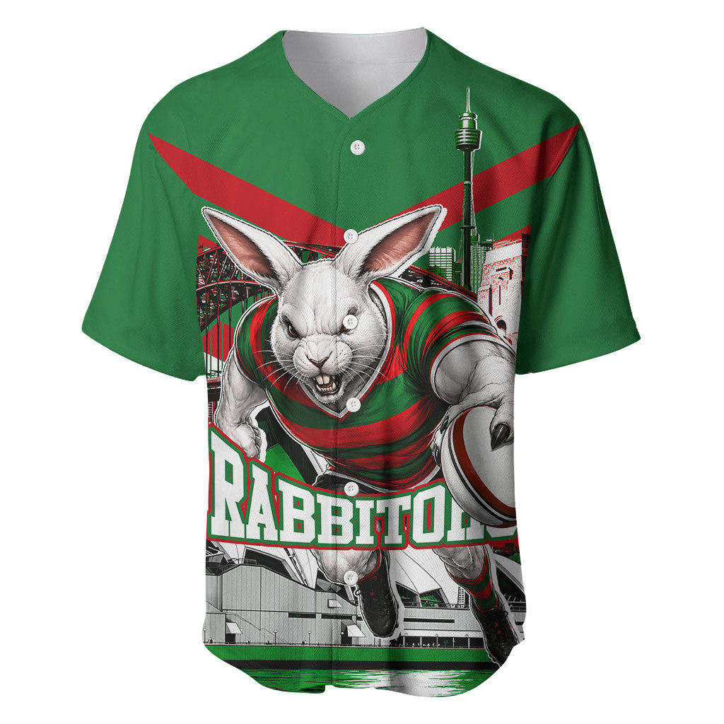Personalized South Sydney Rabbitohs Rugby Baseball Jersey Fierce Mascot And Sydney Skyline Graphic Art